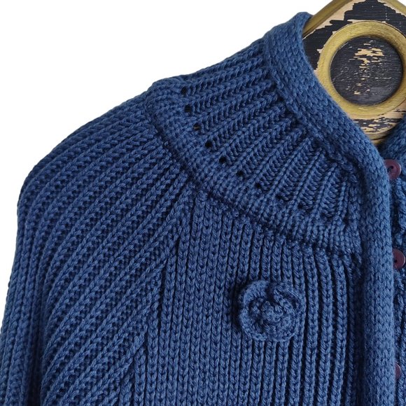 Vintage 70s Chunky Knit w Rosettes Button Front Mock Neck Cardigan Sweater L NOS - Picture 4 of 10